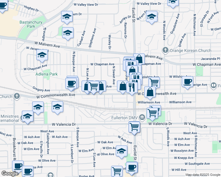 map of restaurants, bars, coffee shops, grocery stores, and more near 1308 West Amerige Avenue in Fullerton