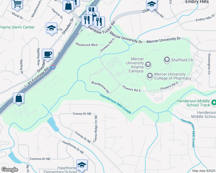map of restaurants, bars, coffee shops, grocery stores, and more near 2960 Brandywine Road in Atlanta