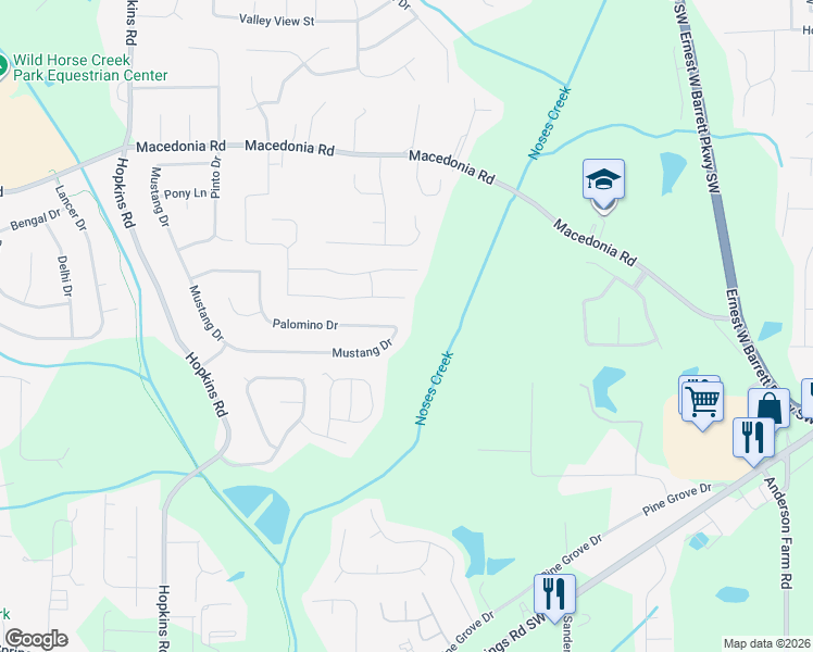 map of restaurants, bars, coffee shops, grocery stores, and more near 3253 Mustang Drive in Powder Springs