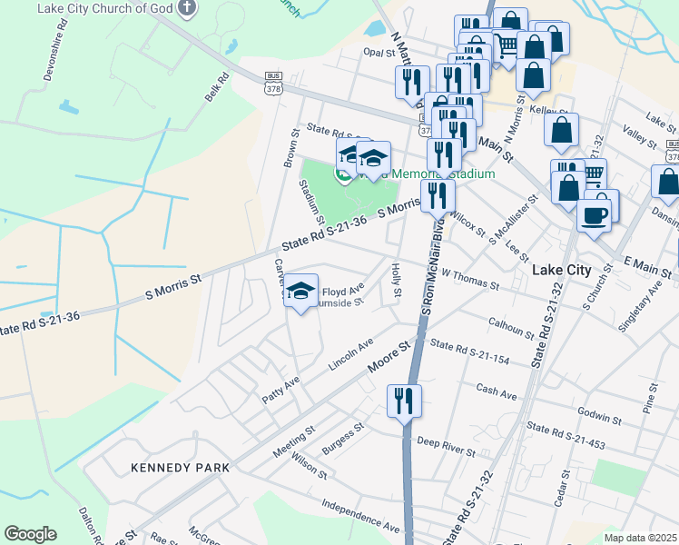 map of restaurants, bars, coffee shops, grocery stores, and more near 315 Scott Street in Lake City