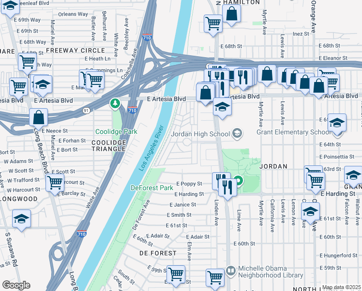 map of restaurants, bars, coffee shops, grocery stores, and more near 950 Paradise Lane in Long Beach