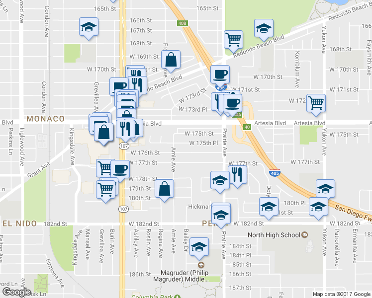 map of restaurants, bars, coffee shops, grocery stores, and more near 4123 West 175th Place in Torrance