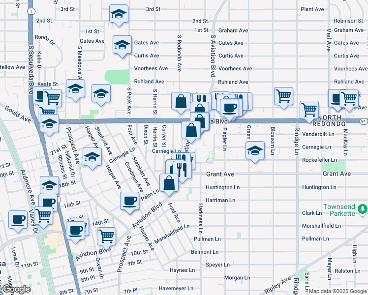 map of restaurants, bars, coffee shops, grocery stores, and more near 1723 Axenty Way in Redondo Beach