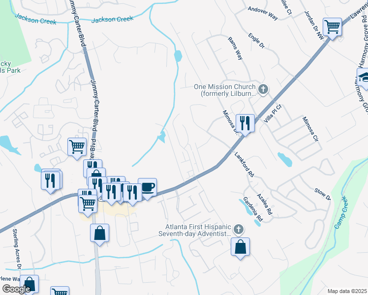 map of restaurants, bars, coffee shops, grocery stores, and more near 6115 Colston Lane in Tucker