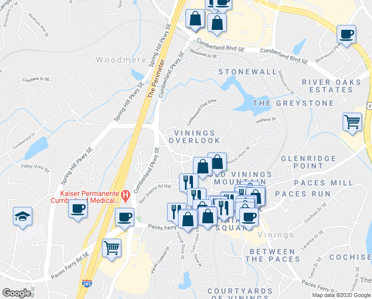 map of restaurants, bars, coffee shops, grocery stores, and more near 3353 Cumberland Club Drive in Atlanta