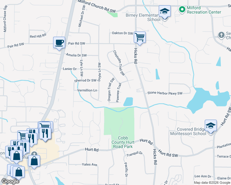 map of restaurants, bars, coffee shops, grocery stores, and more near 3390 Pawnee Trail in Marietta