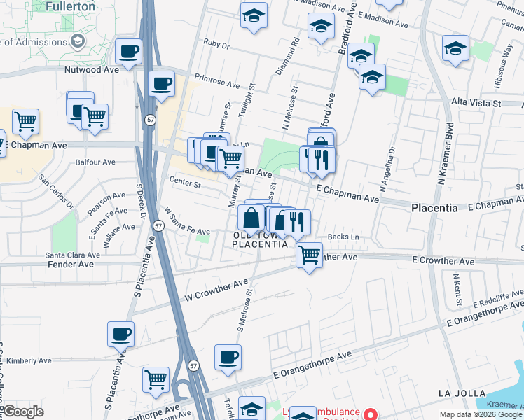 map of restaurants, bars, coffee shops, grocery stores, and more near 201 South Melrose Street in Placentia