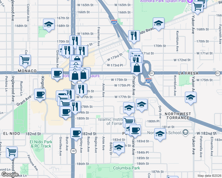map of restaurants, bars, coffee shops, grocery stores, and more near 4123 West 175th Place in Torrance