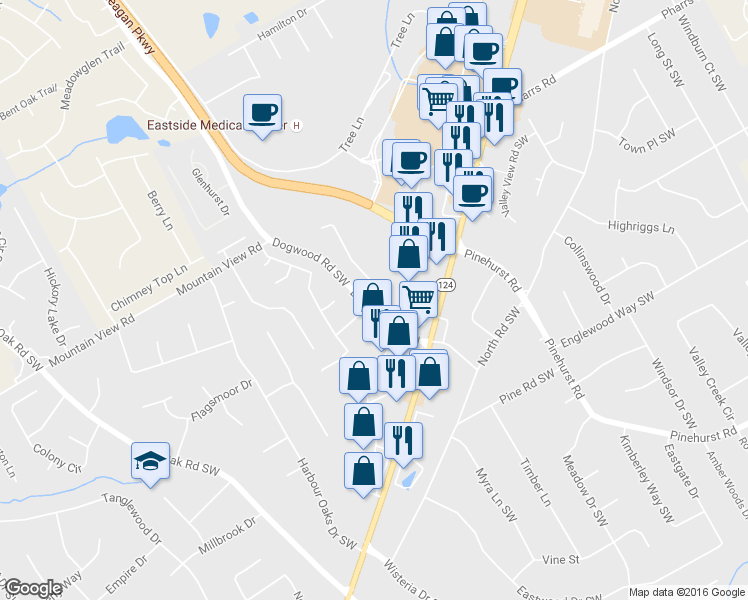 map of restaurants, bars, coffee shops, grocery stores, and more near 1938 Dogwood Road in Snellville
