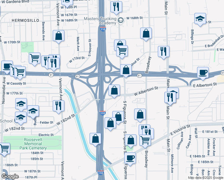 map of restaurants, bars, coffee shops, grocery stores, and more near 17495 South Denver Avenue in Gardena