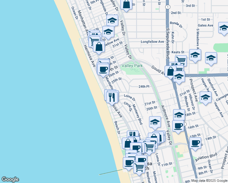map of restaurants, bars, coffee shops, grocery stores, and more near 2409 Manhattan Avenue in Hermosa Beach