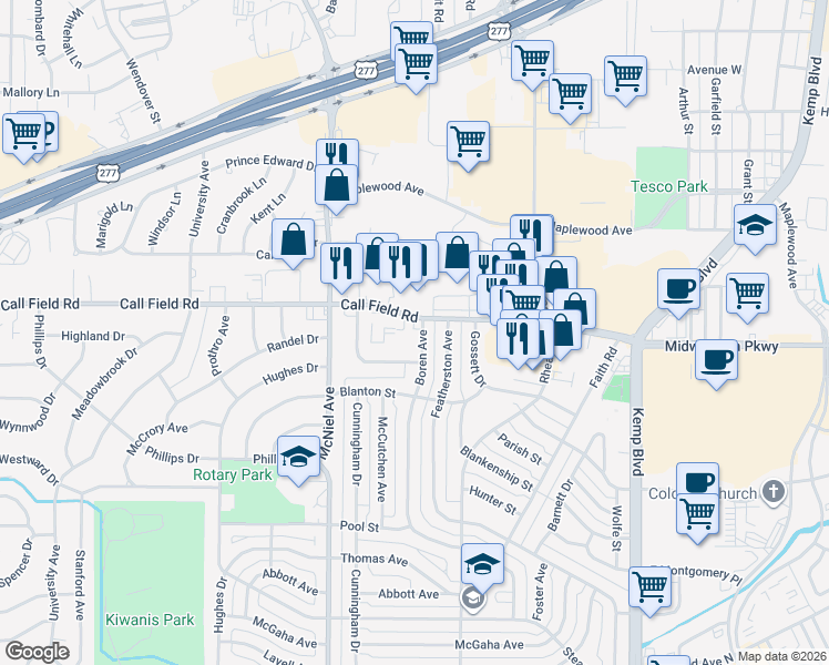 map of restaurants, bars, coffee shops, grocery stores, and more near 3976-3998 Call Field Rd in Wichita Falls