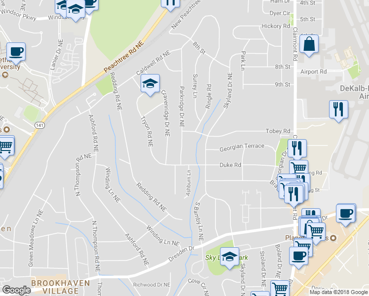 map of restaurants, bars, coffee shops, grocery stores, and more near 2849 Parkridge Drive Northeast in Atlanta