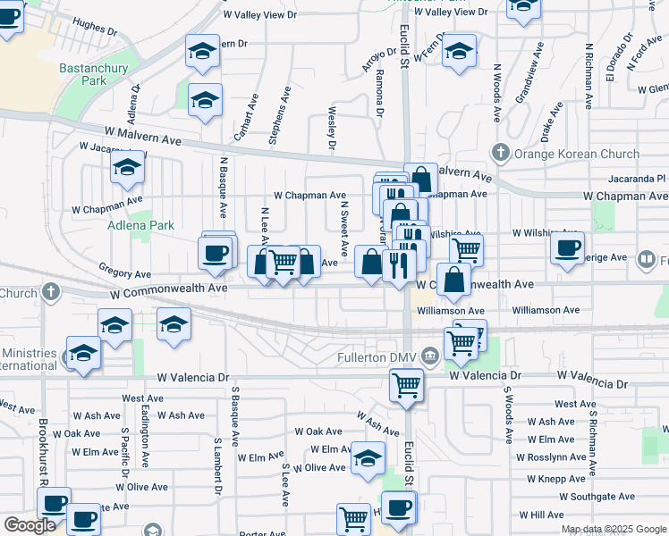 map of restaurants, bars, coffee shops, grocery stores, and more near 1308 West Amerige Avenue in Fullerton
