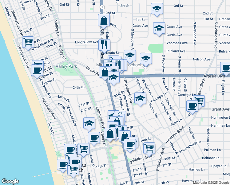 map of restaurants, bars, coffee shops, grocery stores, and more near 917 24th Street in Hermosa Beach