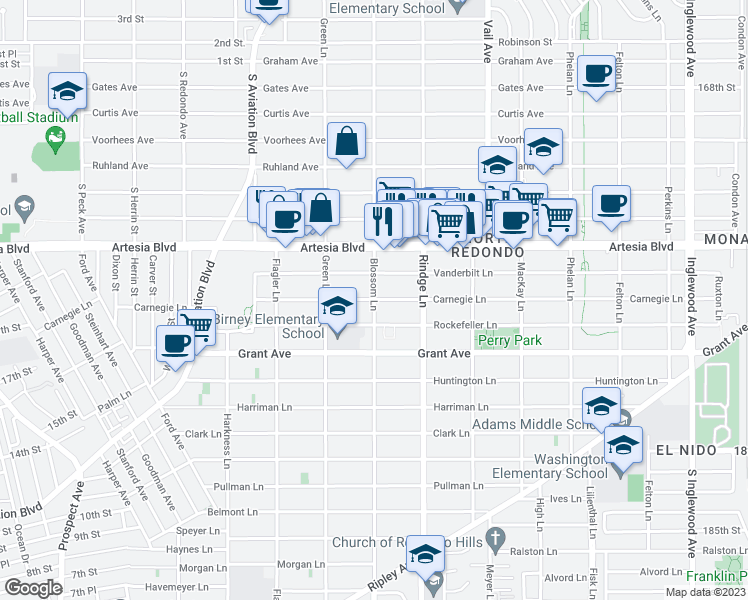 map of restaurants, bars, coffee shops, grocery stores, and more near Carnegie Lane in Redondo Beach