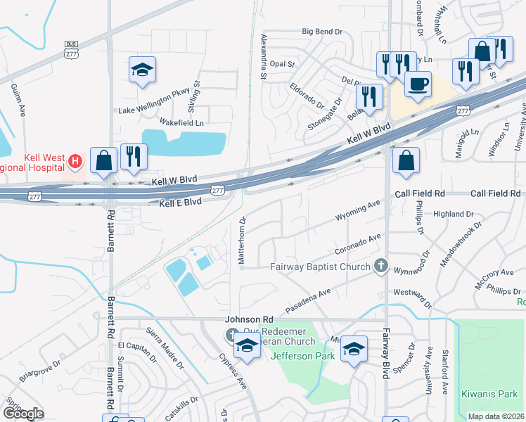 map of restaurants, bars, coffee shops, grocery stores, and more near 4811 Matterhorn Drive in Wichita Falls