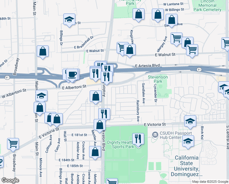 map of restaurants, bars, coffee shops, grocery stores, and more near 17700 South Avalon Boulevard in Carson