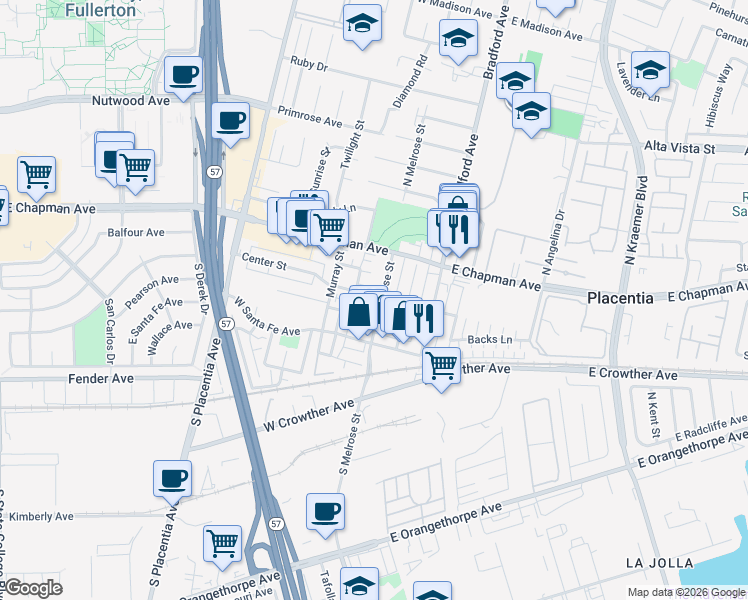 map of restaurants, bars, coffee shops, grocery stores, and more near 201 South Melrose Street in Placentia