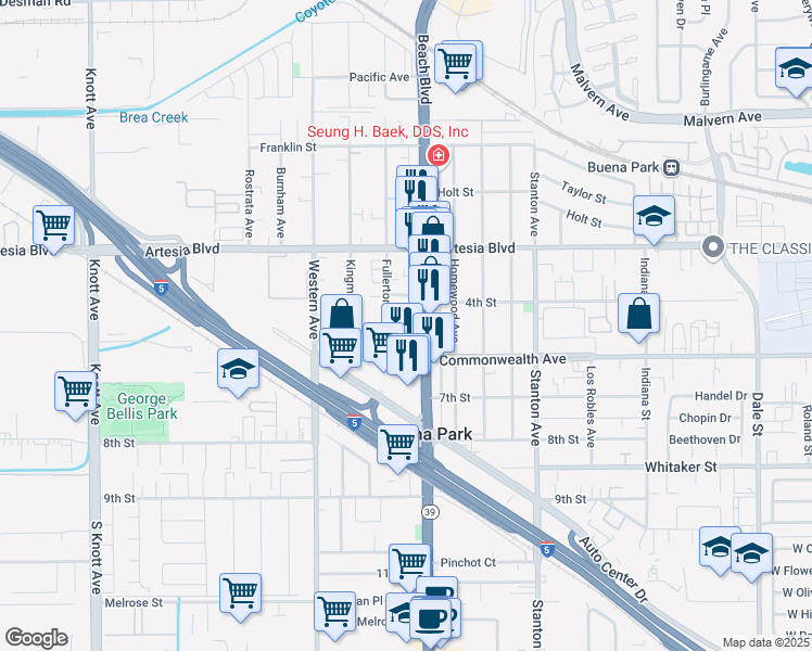 map of restaurants, bars, coffee shops, grocery stores, and more near 6211 Beach Boulevard in Buena Park