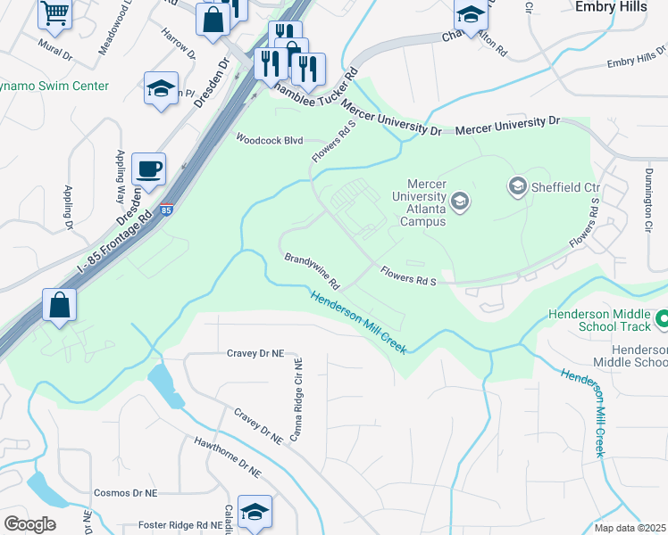 map of restaurants, bars, coffee shops, grocery stores, and more near 2960 Brandywine Road in Atlanta