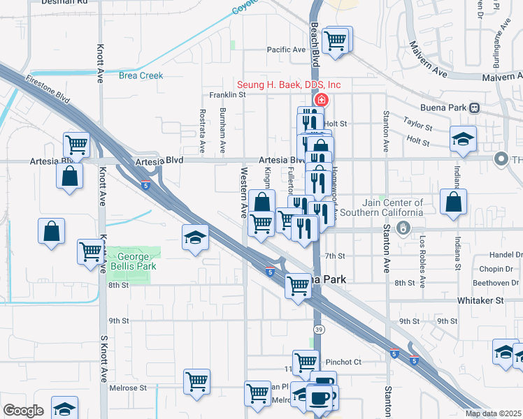 map of restaurants, bars, coffee shops, grocery stores, and more near 6171 Kingman Avenue in Buena Park