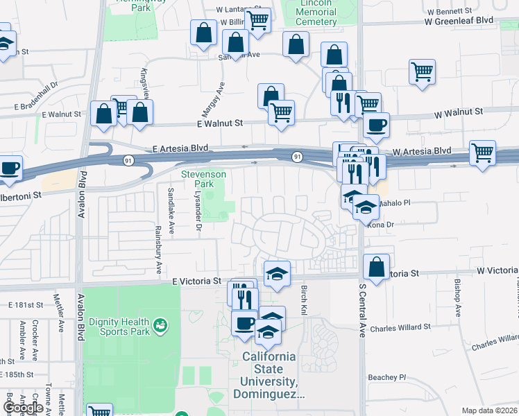map of restaurants, bars, coffee shops, grocery stores, and more near 17543 Nutwood Drive in Carson