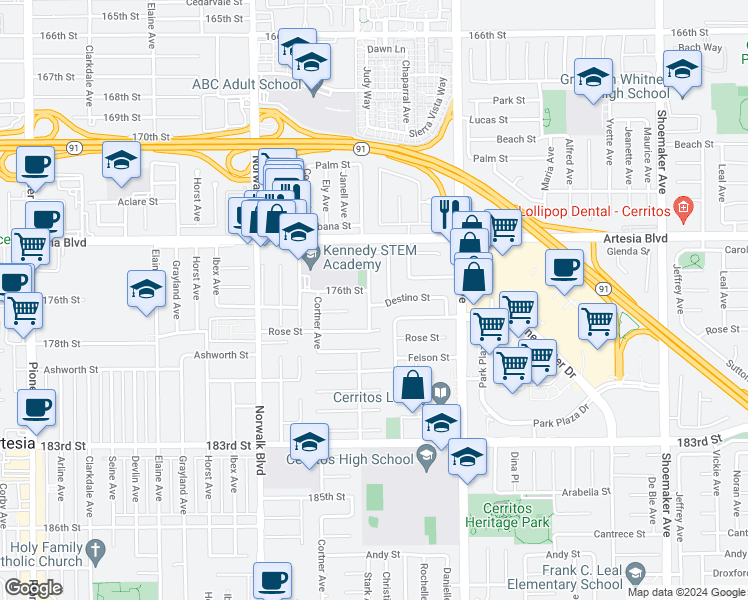 map of restaurants, bars, coffee shops, grocery stores, and more near 17608 Stark Avenue in Cerritos
