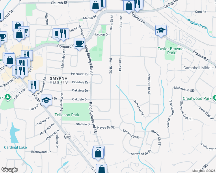 map of restaurants, bars, coffee shops, grocery stores, and more near 3398 Dunn Street Southeast in Smyrna
