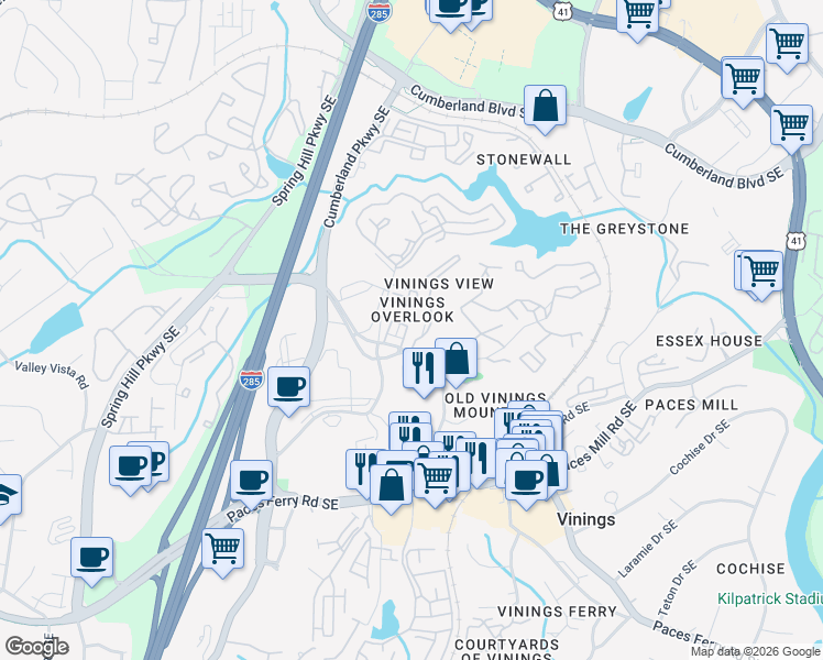 map of restaurants, bars, coffee shops, grocery stores, and more near 3421 Triview Square in Atlanta