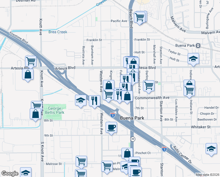 map of restaurants, bars, coffee shops, grocery stores, and more near 6171 Kingman Avenue in Buena Park