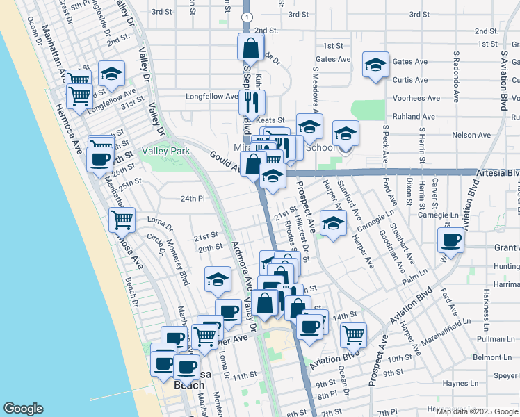 map of restaurants, bars, coffee shops, grocery stores, and more near 2420 California 1 in Hermosa Beach