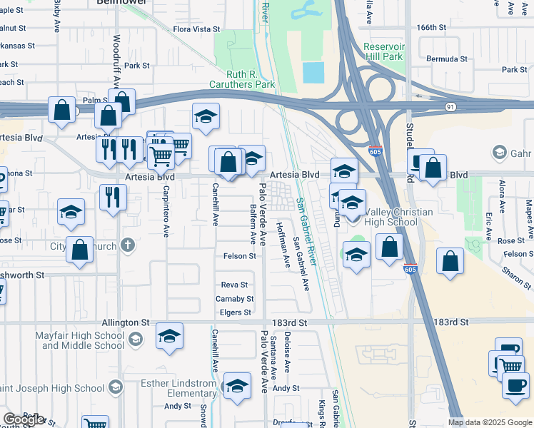 map of restaurants, bars, coffee shops, grocery stores, and more near 10603 Destino Circle in Cerritos