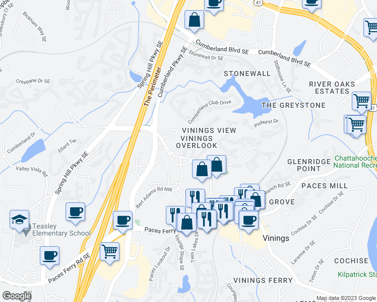 map of restaurants, bars, coffee shops, grocery stores, and more near 3353 Cumberland Club Drive in Atlanta