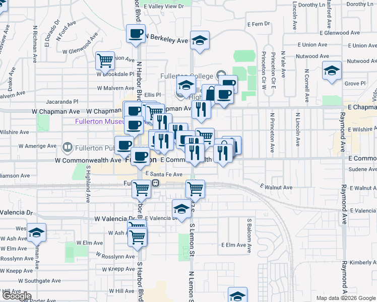 map of restaurants, bars, coffee shops, grocery stores, and more near in Fullerton