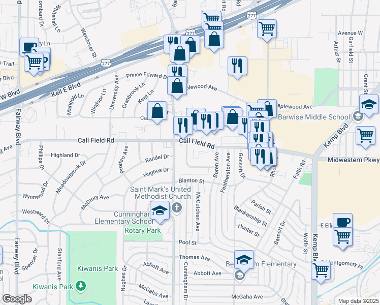 map of restaurants, bars, coffee shops, grocery stores, and more near 4209 Idlewood Drive in Wichita Falls