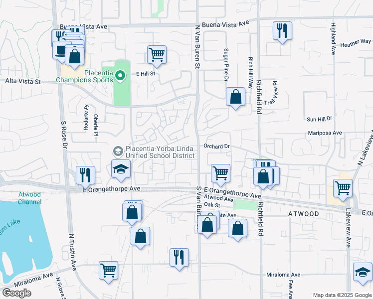map of restaurants, bars, coffee shops, grocery stores, and more near 17251 Ash Street in Placentia