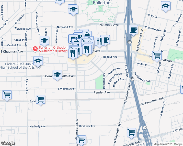map of restaurants, bars, coffee shops, grocery stores, and more near 2466 Balfour Avenue in Fullerton