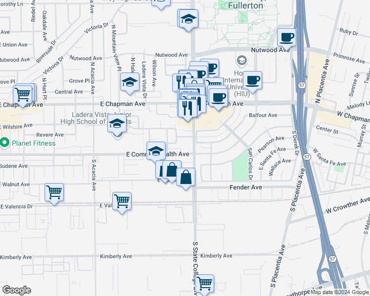 map of restaurants, bars, coffee shops, grocery stores, and more near 112 Concord Avenue in Fullerton
