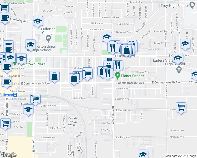 map of restaurants, bars, coffee shops, grocery stores, and more near 128 North Cornell Avenue in Fullerton