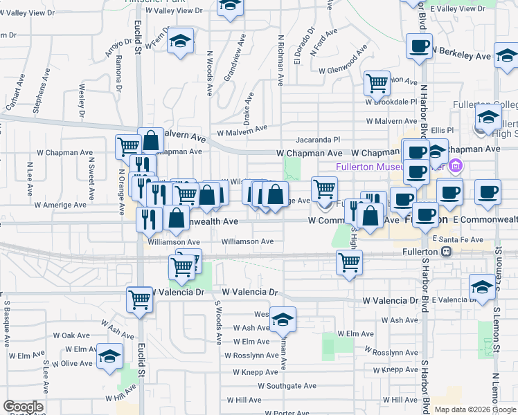 map of restaurants, bars, coffee shops, grocery stores, and more near 531 West Amerige Avenue in Fullerton