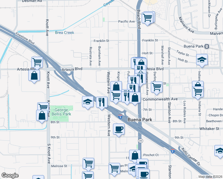 map of restaurants, bars, coffee shops, grocery stores, and more near 6132 Western Avenue in Buena Park