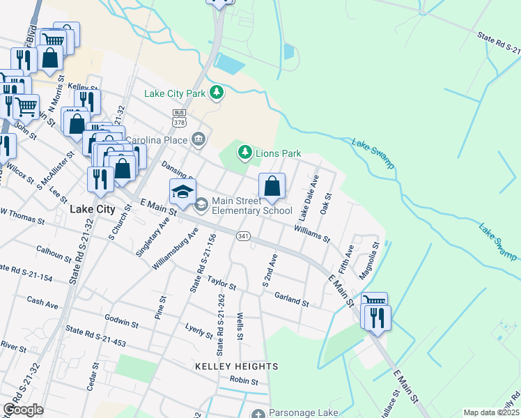 map of restaurants, bars, coffee shops, grocery stores, and more near 214 Nesmith Street in Lake City