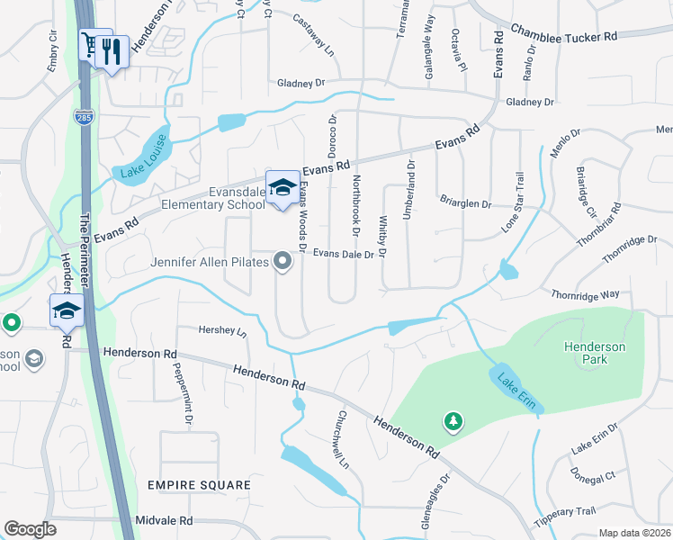 map of restaurants, bars, coffee shops, grocery stores, and more near 2756 Northbrook Drive in Doraville