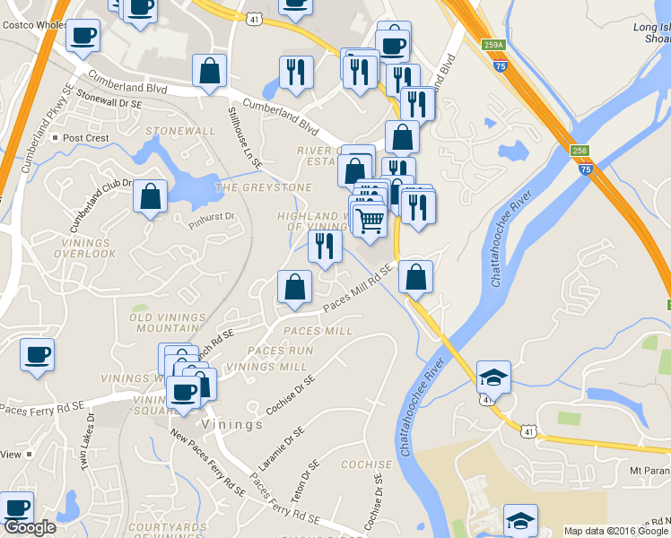 map of restaurants, bars, coffee shops, grocery stores, and more near 3683 Essex Avenue in Atlanta