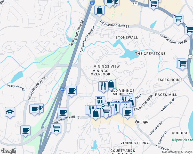 map of restaurants, bars, coffee shops, grocery stores, and more near 3353 Cumberland Club Drive in Atlanta