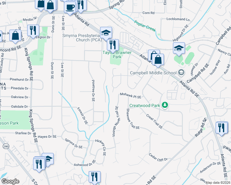 map of restaurants, bars, coffee shops, grocery stores, and more near 3483 Danvers Walk in Smyrna