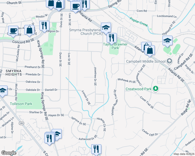 map of restaurants, bars, coffee shops, grocery stores, and more near 3345 Pinetree Drive Southeast in Smyrna