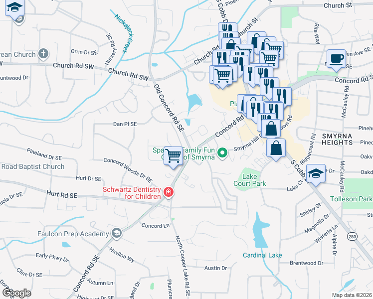 map of restaurants, bars, coffee shops, grocery stores, and more near 3366 Old Concord Road Southeast in Smyrna