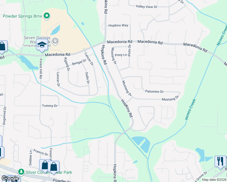map of restaurants, bars, coffee shops, grocery stores, and more near 3394 Hopkins Road in Powder Springs